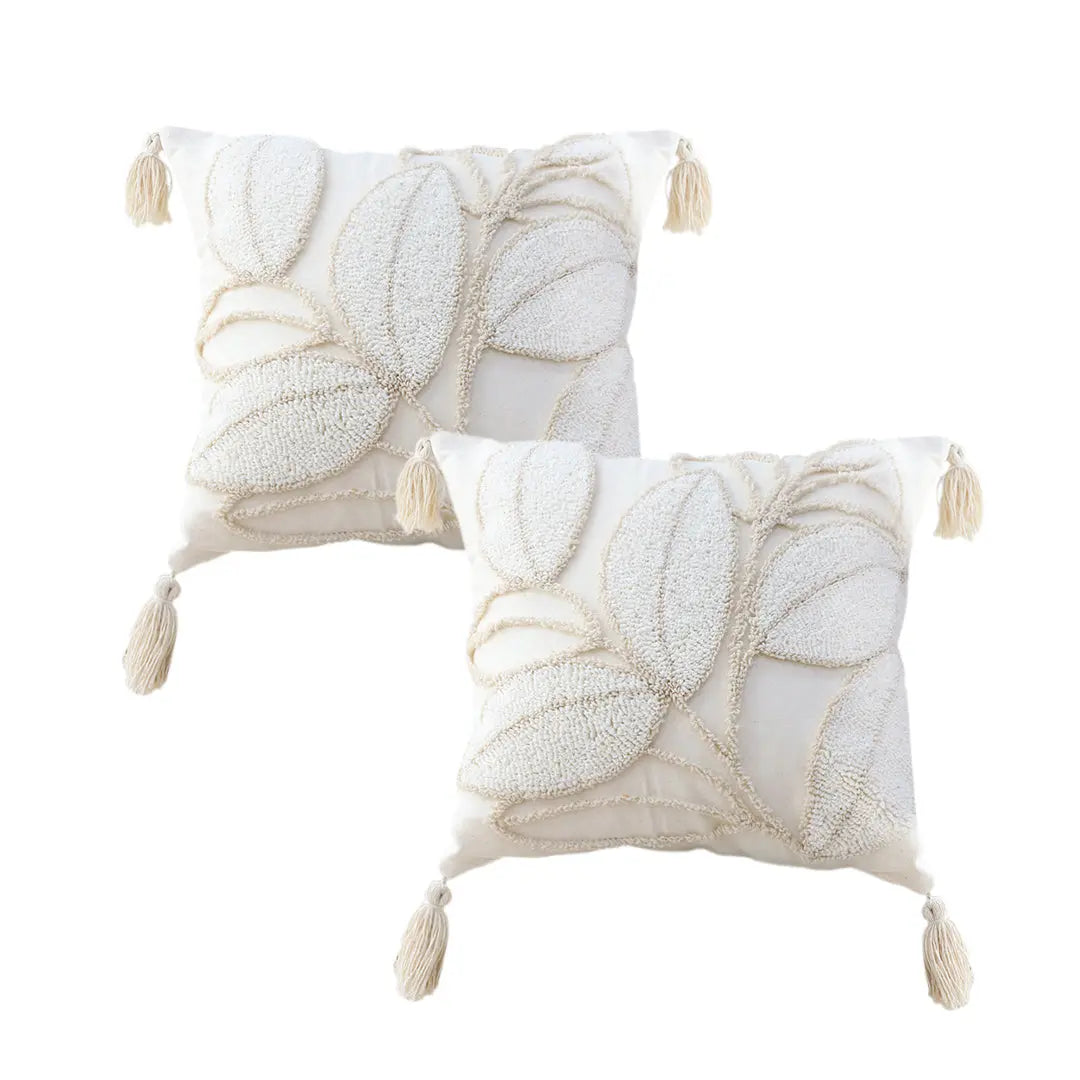 SOGA 2X 45cm Wabi-sabi Cream Flower Cover & Beige Velvet Leaf Ring Square Throw Pillow SOGA