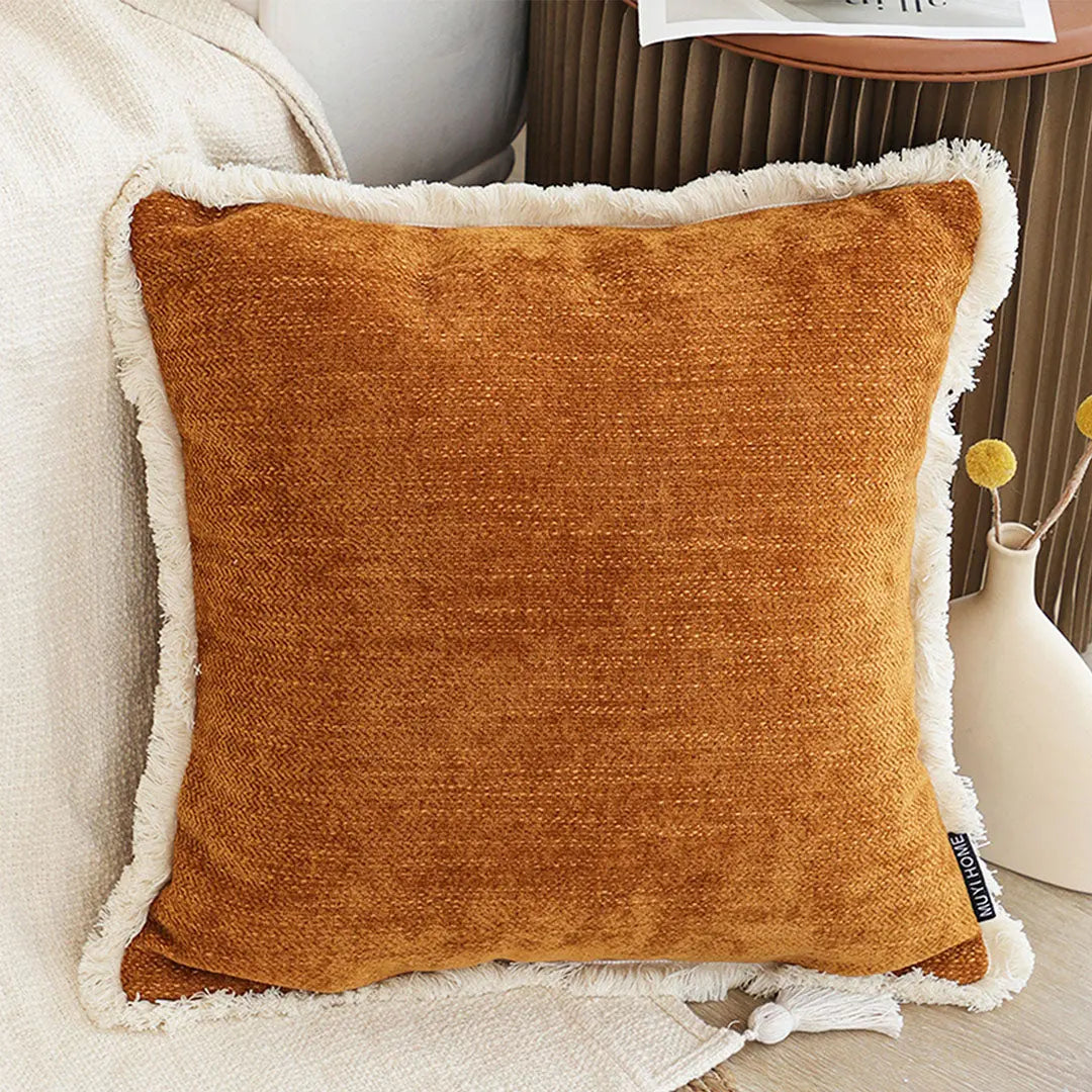 SOGA 2X 45cm Home Aesthetic Chenille Texture Tassel Square Sunset Orange Throw Pillow SOGA