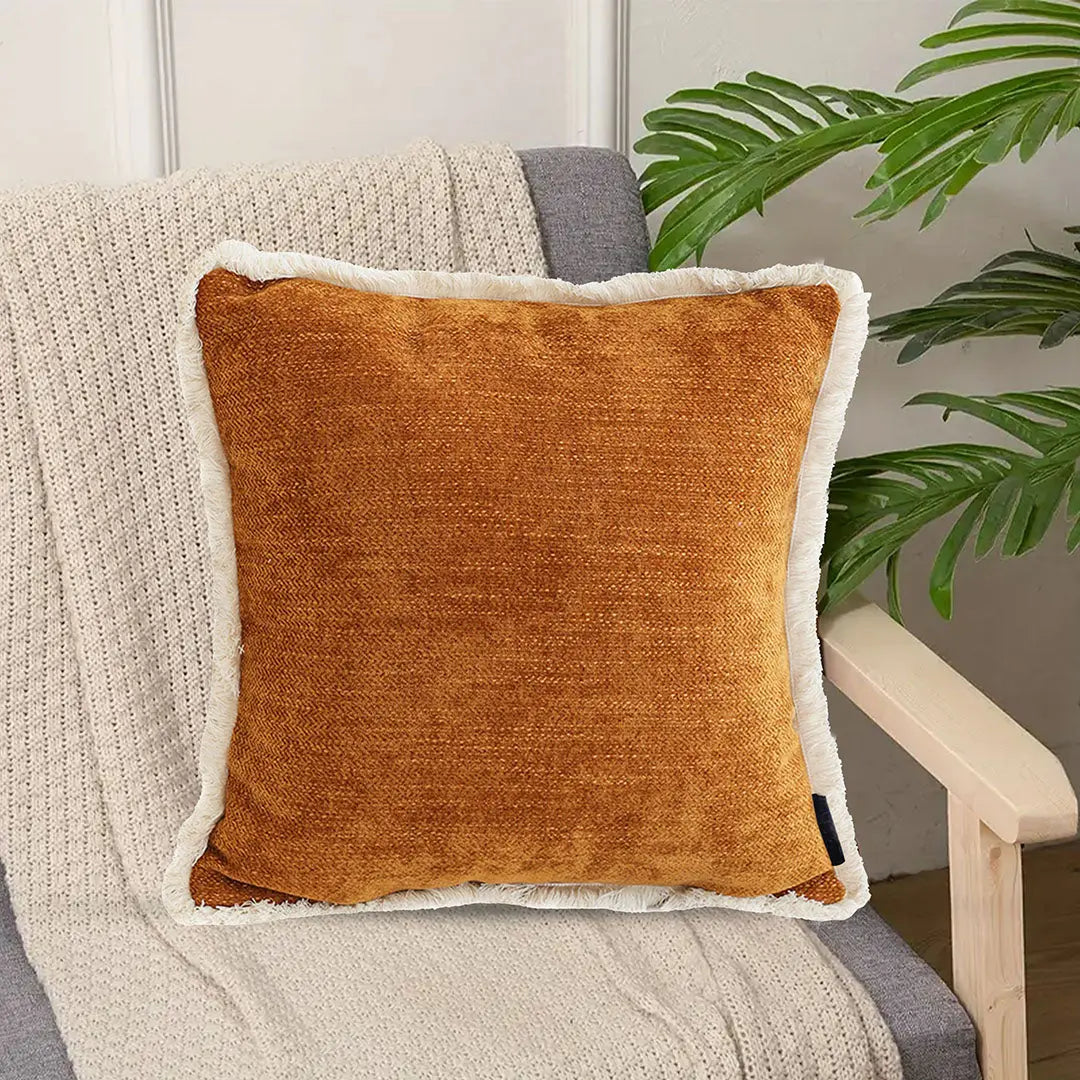 SOGA 2X 45cm Home Aesthetic Chenille Texture Tassel Square Sunset Orange Throw Pillow SOGA